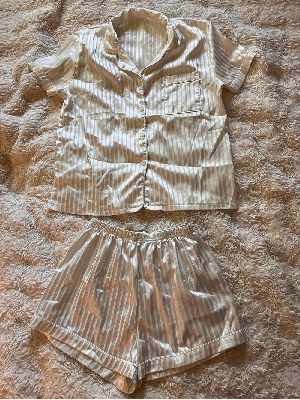 Satin Striped Short Sleeve Pajama Set in White